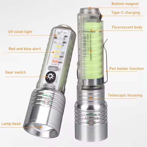 Image of RENMAX Multifunction Bright LED Torch Flashlight Rechargeable Multicolor Red Blue Green White Lighting Modes Zoom Focus Waterproof Metal - 1Pc