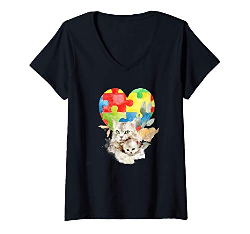 Womens Autism Awareness Mommy Cat with Baby Kitten Puzzle Heart V-Neck T-Shirt