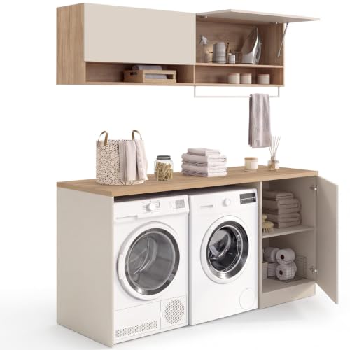 Meuble de buanderie machine à laver et sèche linge TOMI avec plan de travail . 180 cm et placards et bois - vue 5