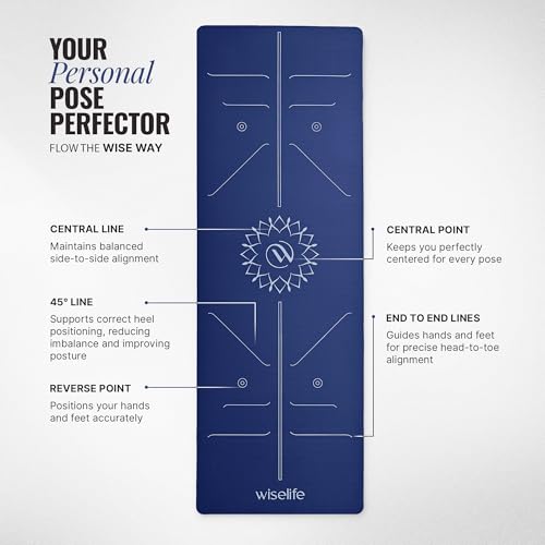Image of WiseLife Lotus Alignment 10mm Yoga Mat with Strap | Non-Slip Thick Exercise Mat for Yoga, Pilates, Gym & Flexibility Training (Blue)