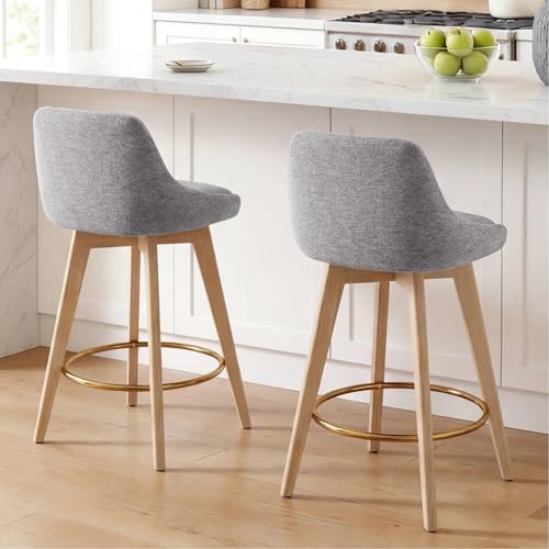 Image of Zesthouse Swivel Counter Height Stools Set of 2, 26 inch Wooden Barstools with Back & Solid Wood Legs, Modern Upholstered Bar Stools for Kitchen Island, Grey Linen Fabric Counter Height Chairs