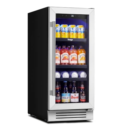 Image of Yeego Beverage Refrigerator Cooler 15 Inch, Freestanding or Built-In Beverage Fridge with Glass Door, Holds 100 Cans, Adjustable 34F-54F Mini Drink Cooler for Beer Soda Wine Home Office