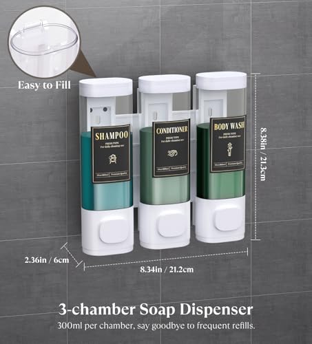 Image of Luxspire Shampoo and Conditioner Dispenser, Shower Soap Dispenser 3-Chamber | Lockable Large Capacity 900ml No-Drill Wall-Mounted Shampoo and Body Wash Dispenser for Bathroom Hotel Kitchen Airbnb