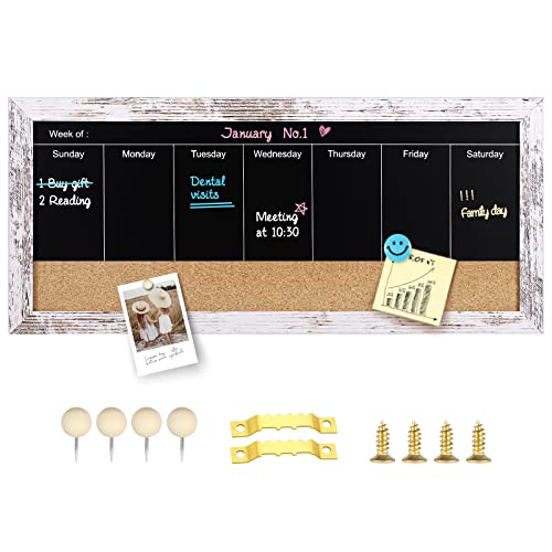 Aitakatta Magnetic Weekly Chalkboard Calendar and Cork Board, Wood Framed Combination Chalk Board and Bulletin Baoard for Walls, Blackboard Combo Board for Home Office and Wall Decor(ZHZL,1943,1pc)