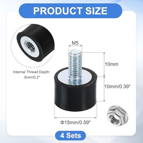 QUARKZMAN 4 Stück Gummipuffer M5x10mm, 15x10mm Gummifuß Naturgummi Mit Schraube Verzinkter Stahl Antivibrationspuffer für Luftkompressoren Pumpen Motoren Industriemaschinen