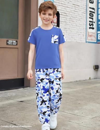 Image of mksodopy Boys Clothes Outfits Set, Camo Cargo Pants and Short Sleeve Pocket Tee 2PC Summer Tracksuit for Kids 5-16Y