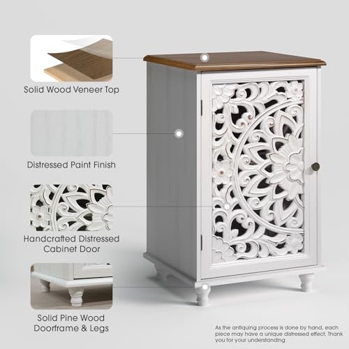 Image of JOINICE Accent Cabinet with Hand-Carved Door for Living Room /Bedroom | Hand-Carved Floral Design, Boho /Farmhouse /Rustic Style, Space-Saving, Sofa Table /End table, Solid Wood Legs, Adjustable Shelf