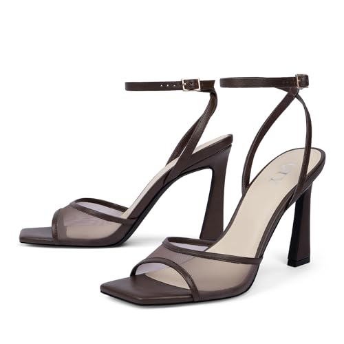 Image of QIY Strappy Heels for Women Heeled Sandals Square Toe Heel Ankle Strap Stiletto Mesh High Heels Dress Shoes