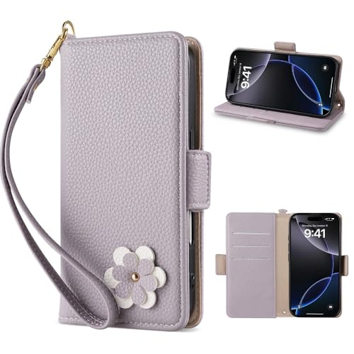 Étui pour iPhone 17 Air violet clair housse portefeuille en cuir fleur