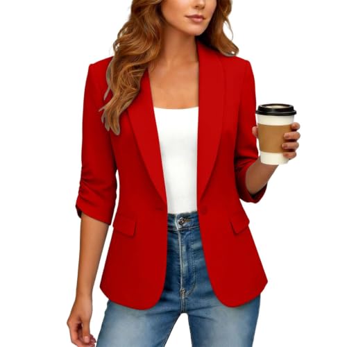 JiXiang Blazers for Women Open Front Lapel Collar Ruched 3/4 Sleeve Jackets One Button Work Office Business Casual Fall Coat - image 7