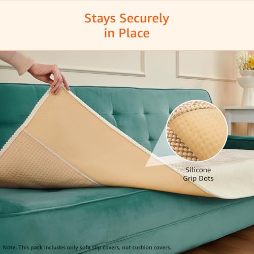 Image of Amazon Basics Knitted Fabric Sofa Cover for Three Seater, Playful Polka Dots, Non-Slip Sofa Pad, 70x180 cm, Soft Silicone Grip Dots, 100% Polyester, Machine Washable - Camel