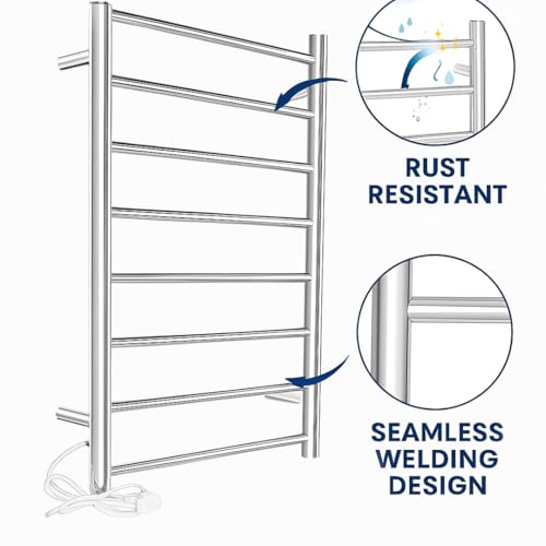Image of MORZZE MTW-6040 Luxury Electric Towel Warmer 6 Bar, SUS 304 Stainless Steel Heated Towel Rack, Wall Mounted, Adjustable 30-60C, 1-8H Timer, 600x400mm, Fast Drying Bathroom Towel Heater