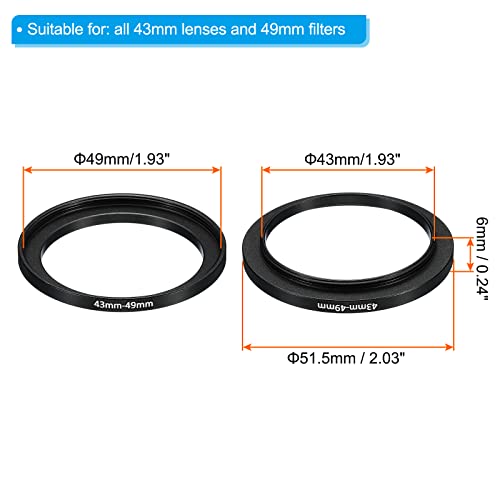 Image of PATIKIL 43mm-49mm Metal Step Up Ring, 2 Pack Camera Lens Filter Adapter Ring Aluminum Filter Adapter Ring for Camera Lenses Hood, Black