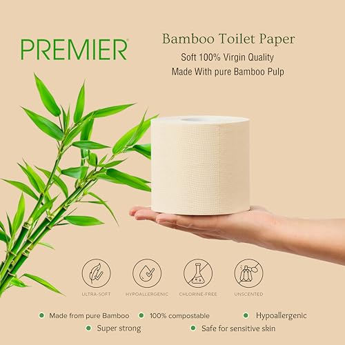 Image of Premier 2-Ply Bamboo Toilet Tissue Rolls (720 Pulls) (180 x 4 Rolls) | Tissue Paper Roll, Toilet Paper Roll - Eco Friendly, Soft & Highly Absorbent, 100% Natural Bamboo, Biodegradable & Clog Free