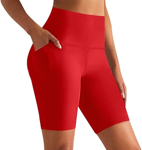 GROTEEN Pantalones cortos de motociclista para mujer con bolsillos, cintura alta de 8 pulgadas, control de abdomen, yoga, entrenamiento, correr,