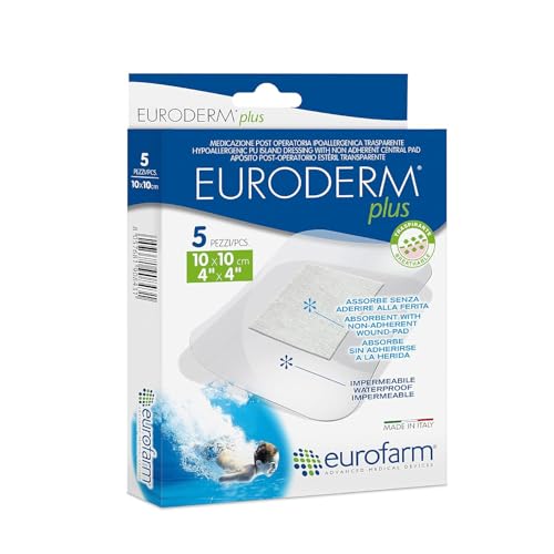 Euroderm Plus - 4 x 4 in - Clear Polyurethane Adhesive Island Wound Dressing,Waterproof,Bacteria Proof,with an Absorbent,Non-Stick Central Pad–(5 pcs)