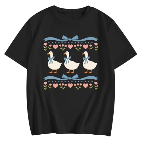 Zoemghc Silly Goose Shirt for Teen Girls Cute Graphic Tees Teens Preppy Bow Floral Animal Printed T-Shirt Casual Tee Tops(Black,M)
