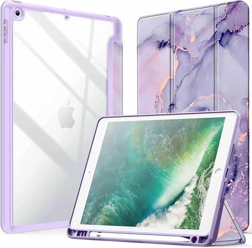 Image of ProElite Smart Flip Case Cover for Apple iPad 9.7 inch 2018 /2017 5th 6th Generation, Clear Soft Back with Pencil Holder, Marble Purple