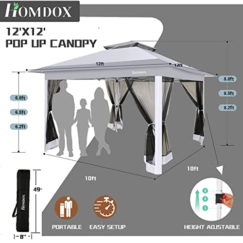 Image of Homdox Gazebo 12x12 Pop Up Gazebo with Mosquito Netting Outdoor Gazebo for Patios, Parties, Backyard, Gazebo Tent with 4 Ropes, 4 Weights, 8 Stakes, 2 Tiered Vented Top
