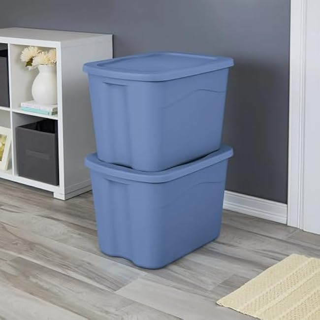 Large Storage Bin, 18 Gallon Plastic Storage Container with Snap-On Lid, Blue Moonlight Household Storage Box 8 Pack