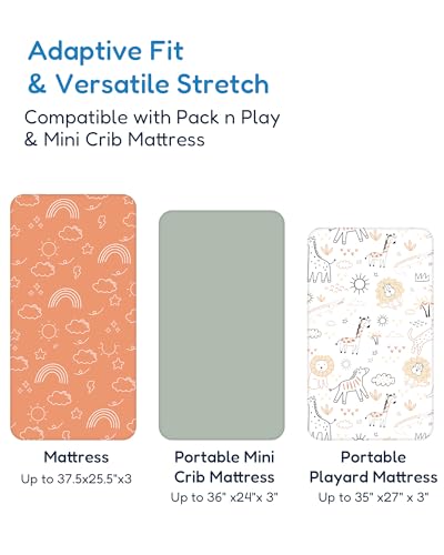 Image of Pack and Play Sheets Fitted 2 Pack, 38x26 Graco Pack n Play Sheets for Playard & Travel Crib Mattress, Ultra Soft Jersey Knit, Breathable Stretchy Deep Pocket, Compatible with Mini Cribs