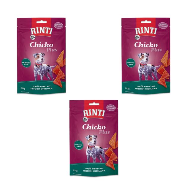 Rinti Chicko Plus Knoblauchecken | 3er Pack | 3 x 225 g | Hühnerfilet mit frischem Knoblauch | Ohne Fleischmehle, Soja oder andere Zusatzstoffe | Schonend luftgetrocknet