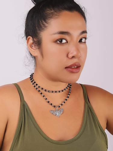 Sacina Layered Black Moth Skull Choker, Black Beaded Choker, Gothic Goth Necklace, Christmas Jewelry Gift for Women4