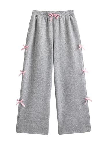 Verdusa Girl's Coquette Bowknot Wide Leg Sweatpants Drawstring Waist Straight Baggy Long Pants