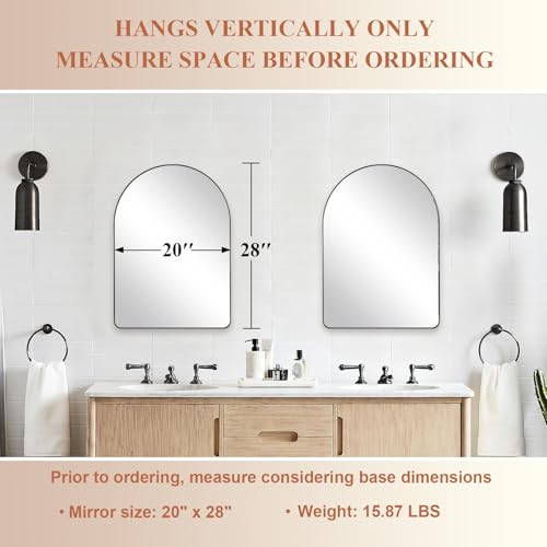 Image of ANDY STAR Arched Mirror, 20 x 28 Inch Black Wall Mirror in Stainless Steel Metal Frame, Arch Top Rounded Corner 1 Inch Deep Set Design Wall Mount Hangs Vertical