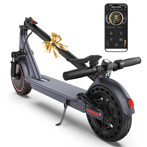 Electric Scooter with Dual Suspensions, 500W Motor, Max 22 MPH & 21 Miles Range, 10' Solid Tire, Folding E Scooter with Dual Braking, APP Control, Digtal Display for Adults