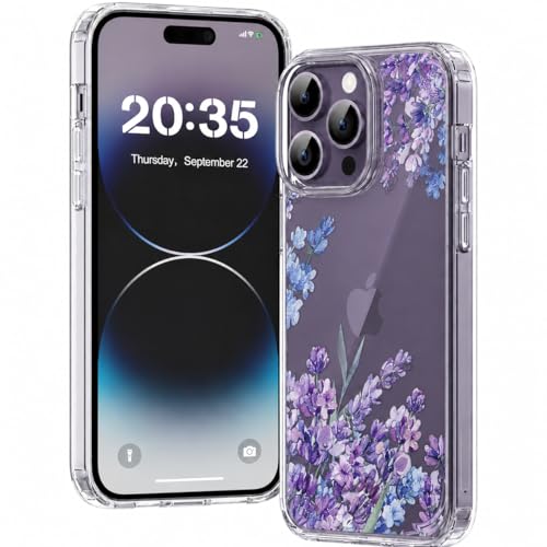 Image of Elzzi Clear Floral Case for iPhone 14 Pro Max, Lavender Flower Clear Phone Case for Women Girls, Cute Aesthetic Purple Botanical Transparent Shockproof Protective Slim Cover (Deep with Leaf)