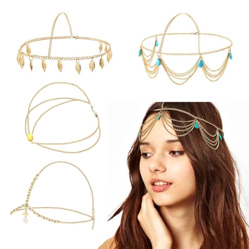 4 Pièces Chaîne de Tête Doré, FUKPO Bandeau Cheveux Femme Fille Doré Bijoux de Tete Oriental Or, Bijoux Cheveux Femme Doré Bohème Festival Accessoire...