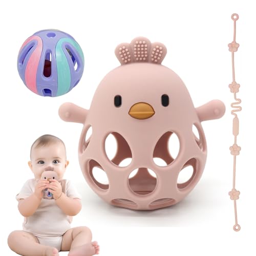Bei&szlig;ring & Rassel f&uuml;r Babys - Sensorik Spielzeug ab 0 Monate, Zahnungshilfe & Greifball - Geschenk f&uuml;r Jungen & M&auml;dchen chicken (PINK)