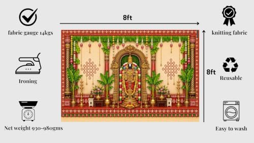 Image of Govinda backdrops | Lord Srinivasa Govinda Stage Backdrop with Hanging Flower Garlands, Wedding Backdrop 8x8 Feet | varalakshmi Backdrop Cloth for Decoration Pooja