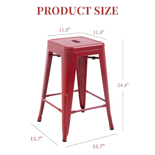Image of FDW Metal Bar Stools Set of 4 Counter Height Bar Stools 24 Inches Industrial Bar Chairs Patio Stool Stackable Backless Stool Indoor Outdoor Metal Kitchen Stools Bar Chairs (Red, 24 inch)