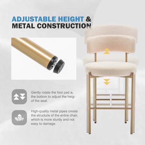 Image of Cinxzar Boucle Bar Stools Set of 3, Beige Counter Height Bar Stools with Backs, Gold Modern Barstools for Kitchen Island, Pub, Club