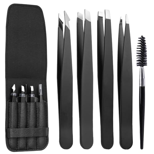 Euqvunn Set 5 Pinzette per Sopracciglia Acciaio Inox Kit Depilazione Precisione con Rivestimento Antiscivolo Spazzolina e Custodia da Viaggio Uomo Donna Nero