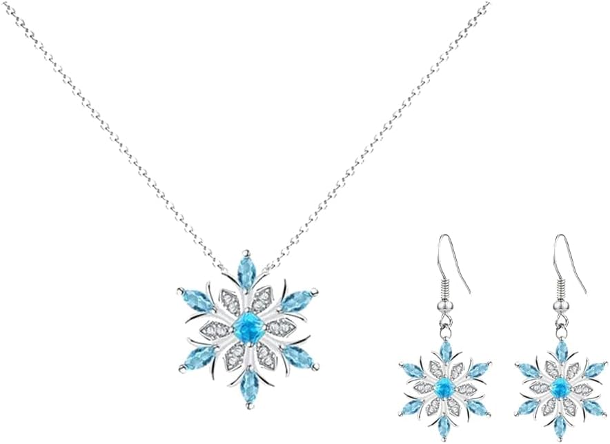 Modpide Women Crystal Winter Snowflake Pendant Necklace Hook Dangle Earrings Set for Women Christmas Gift