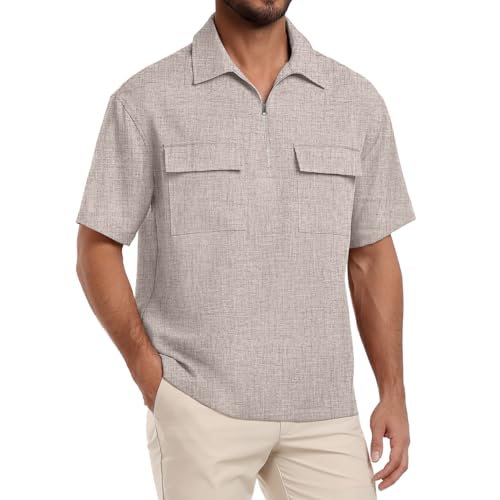 Lepunuo Mens Zipper Polo Shirts Linen Casual Short Sleeve Shirts Loose Fit T Shirts with Cargo Pockets