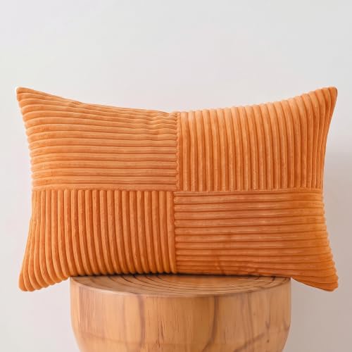 Image of Fancy Homi 2 Packs Orange Long Lumbar Decorative Throw Pillow Covers 16x24 Inch for Couch Bed Sofa, Rustic Farmhouse Boho Home Decor, Soft Striped Corduroy Rectangle Accent Cushion Case 40x60 cm