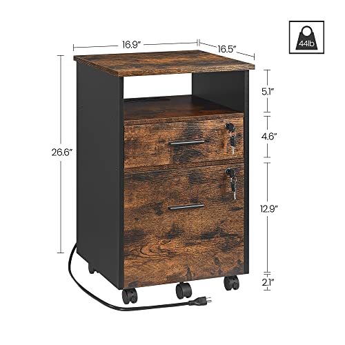 Hzuaneri Mobile File Cabinet - With Lock & Charging Station, Mobile Printer Stand With 2 Drawers & Open Shelf & Wheels, A4 / Letter Sized Documents, Rustic Brown And Black 01601Xfc #TOP2