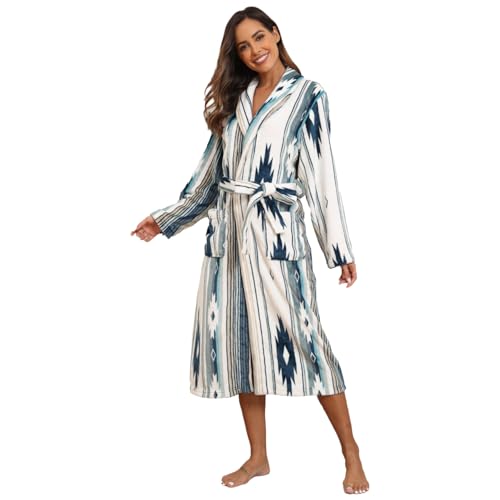 RONGTAI Badrock för kvinnor fleece plysch varm lång morgonrock fleece nattlinne nattkläder, Geometrisk-grön, S