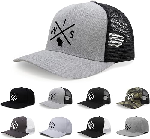 International Tie Hat for Men and Women, Snapback Trucker Baseball Cap, Embroidered Cross Logo (WIS - Wisconsin, Grey Black)