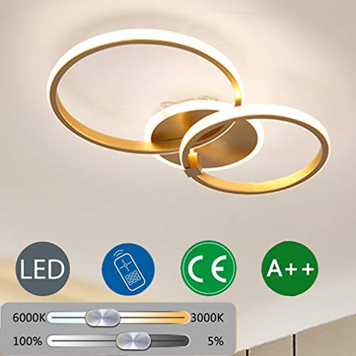 Preisvergleich Produktbild Modern Deckenlampe Einfach Ringlicht LED Dimmbar Deckenleuchte, mit Fernbedienung, Wohnzimmer Schlafzimmer Bür Halle Esszimmer Dekor Lampe 220V Gold Innenbeleuchtung Pendellampe (2 Ringe)
