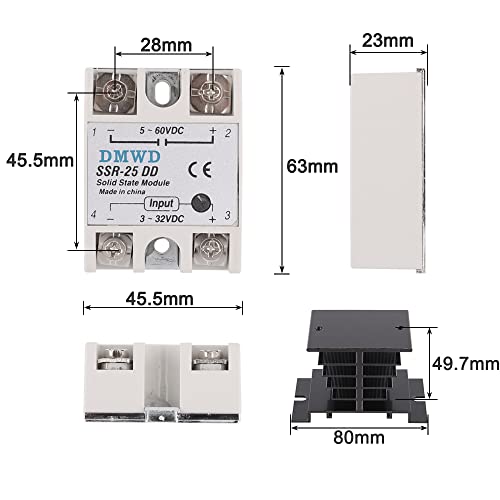 DMWD Ssr-25Dd Relé de Estado Sólido Dc para Dc (Entrada 3-32 V Dc Saída 5-60 V Dc) com Dissipador de