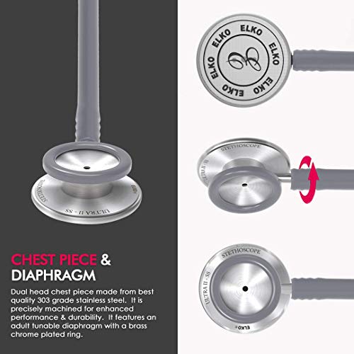 Image of ELKO EL-140 ULTRA II SS Stainless Steel Acoustic Stethoscope | For Doctors, Medical Students & Healthcare Professionals | Dual Head Chestpiece | 5.5mm Brass Pipe Frame | U-Shaped PVC Tubing (Grey)