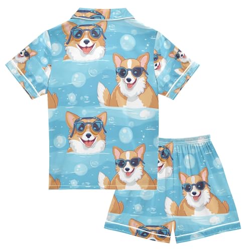 Swimming Dog Cute Satin Summer Pajama Sets Silk Short Sleeve Button Down Sleepwear2