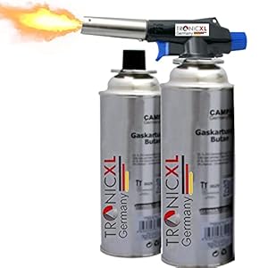 TronicXL Keukenbrander + 2 patronen, flambeerbrander incl. gasbrander voor crème, brûlée, steak, BBQ, dessert, vlees, keuken, flambeerder, gasbrander, mini-set, flambeerapparaat, navulbaar