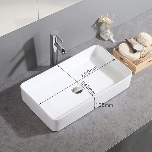Image of SEA SHORE White Imported Ceramic Table Top Wash Basin - Slim Rim Vessel Sink for Bathroom & Living Room | 24 x 14 x 5 Inch (Florance White)