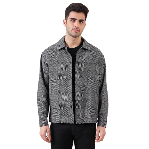 Image of Urban Scottish Men's Oversized Shacket,Cotton Jacquard, Long Sleeve Button Down Collared Shirt, Long Fit, Stylish Casual Outerwear, Jacket for Men - Black & Grey